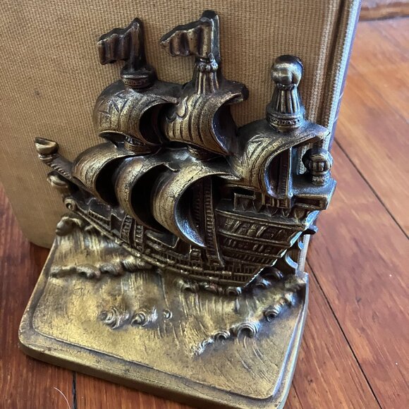 Vintage BOOK ENDS Philadelphia Mfg. Co. Cast Iron w/ Bronzed Finish Sailing Ship - Picture 4 of 12